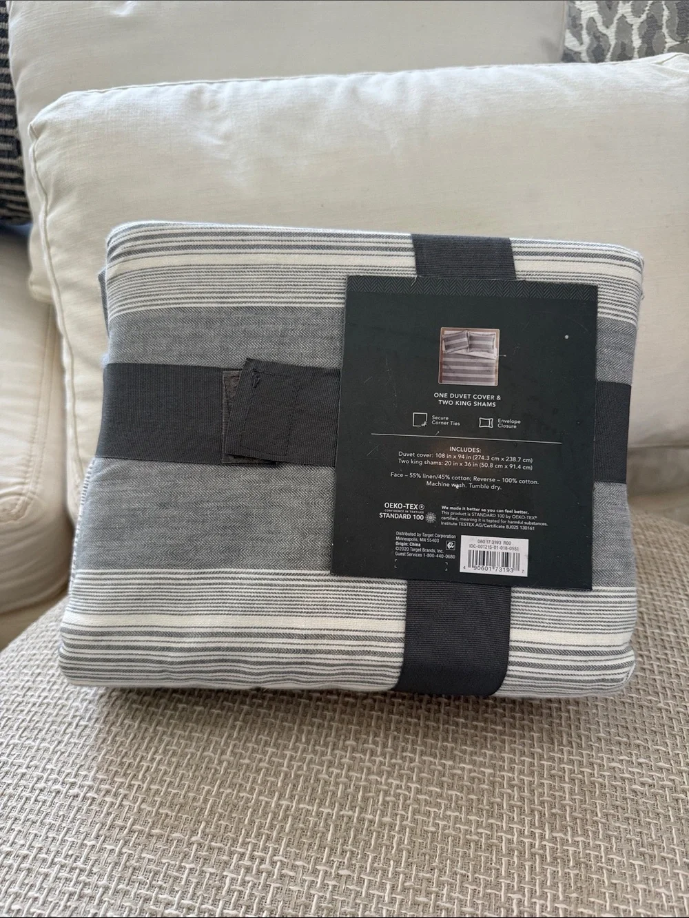 Threshold Gray Chambray Yarn-Dyed Stripe Duvet Cover and shams king